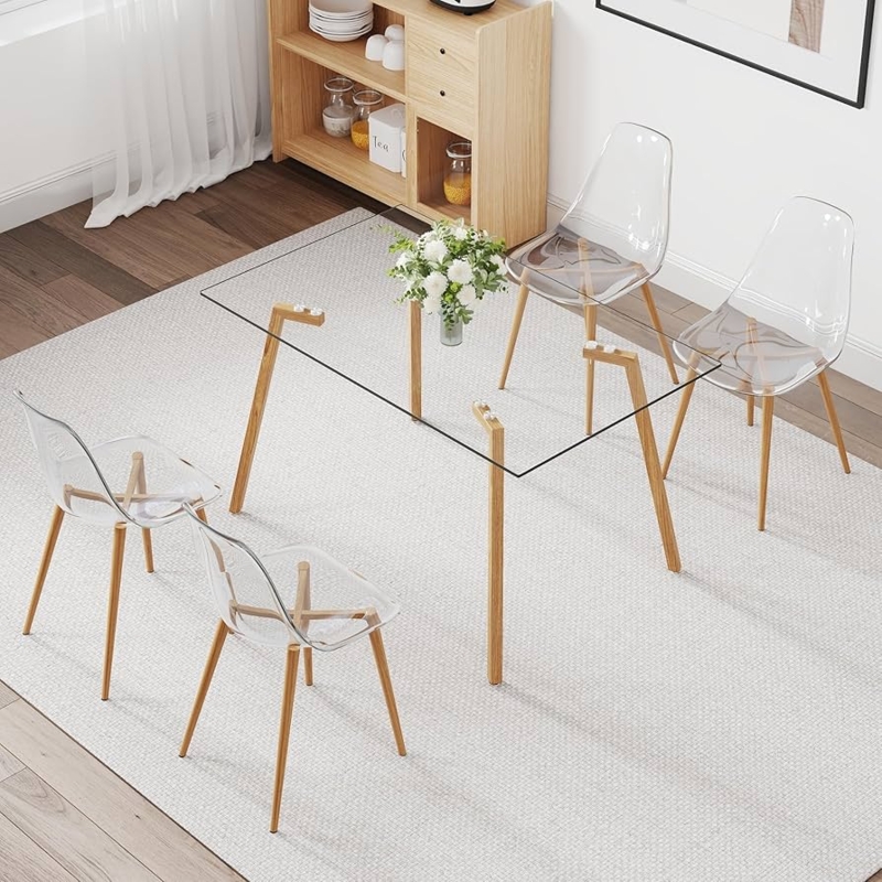 Round Glass Table Set with Black Legs and Transparent Ghost Chairs