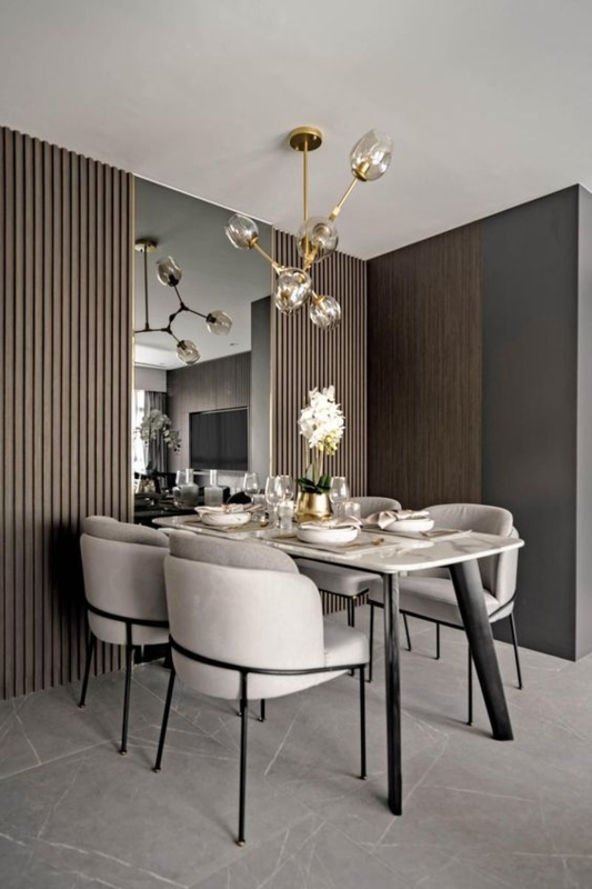 Round Marble Dining Table Contemporary Taupe Wood Slat Wall Paneling