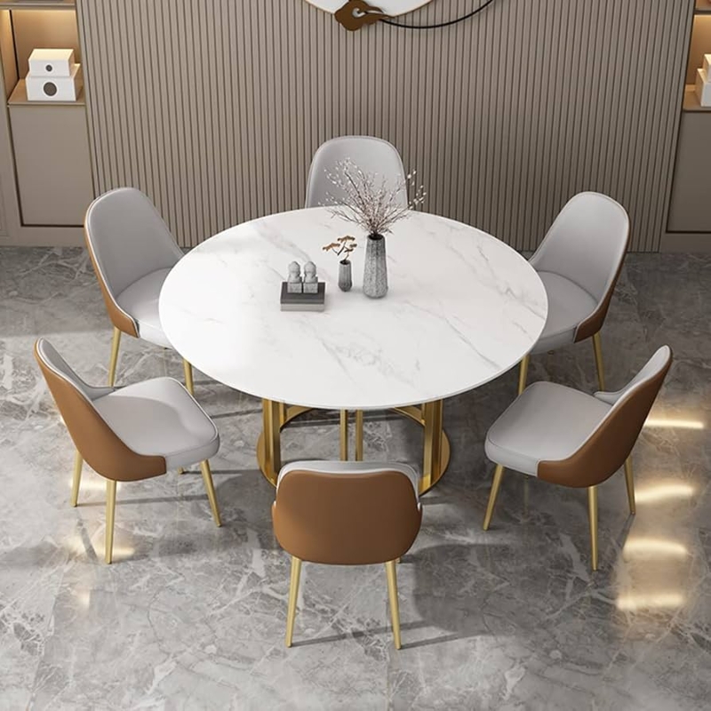Round Marble Look Dining Set with Gold Pedestal Base for Six