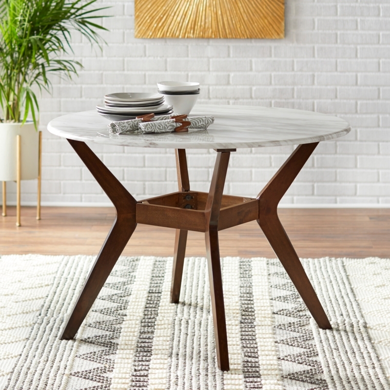Round Mid Century Dining Table, Tapered Splayed Legs, Walnut Satin Finish
