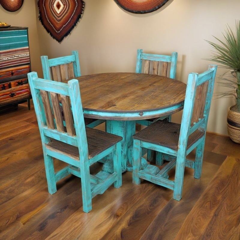 Round Pedestal Dining Set, 5-Piece Distressed Turquoise, Ladder-Back