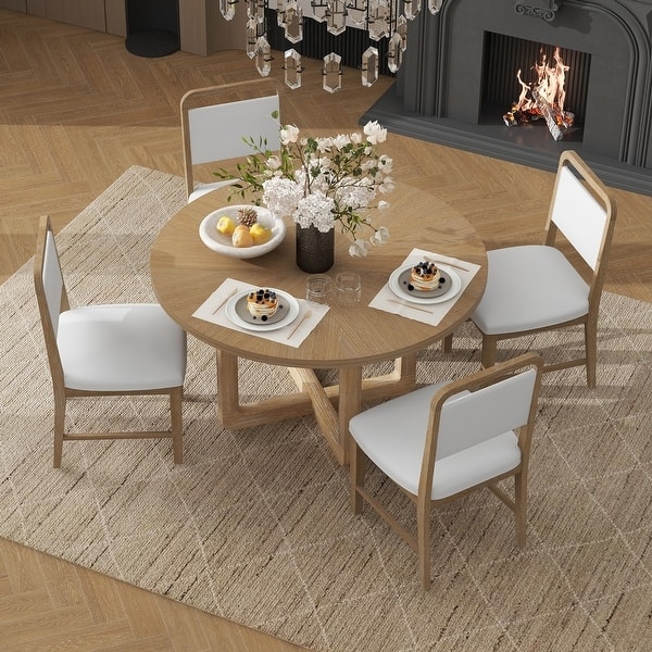 Round Pedestal Dining Set in Espresso Finish with Gray Upholstered Chairs