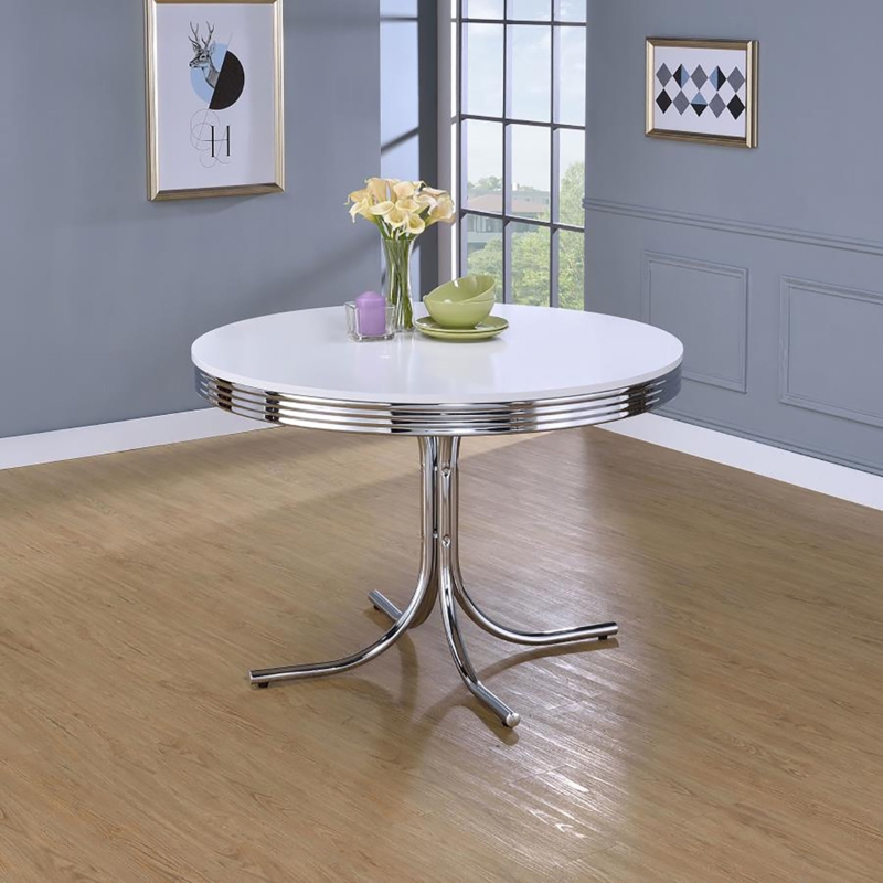 Round Pedestal Dining Table with Glossy Lacquer Top and Silver Base