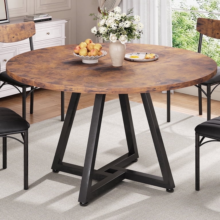 Round Rustic Dining Table, Textured Wood Top, Industrial X-Base
