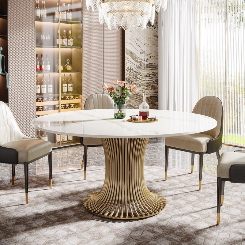 Round Sintered Stone Dining Table with Faceted Gold Base
