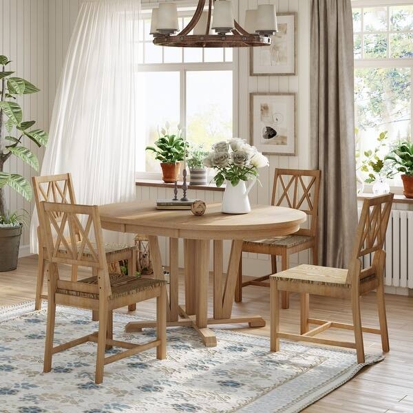 Round Trestle Table Set Two-Tone Cream Cross Back Chairs