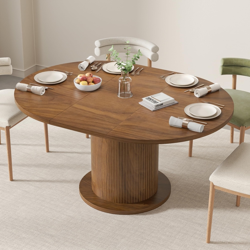 Round Walnut Dining Table with Slatted Pedestal Base
