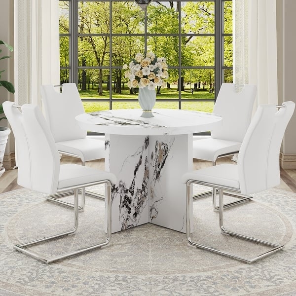 Round White Dining Table, Mid-Century Modern X-Base, Natural Wood