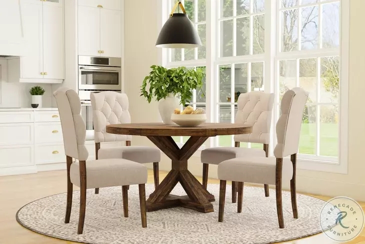 Round Wood Dining Table with a Trestle Pedestal Base Design