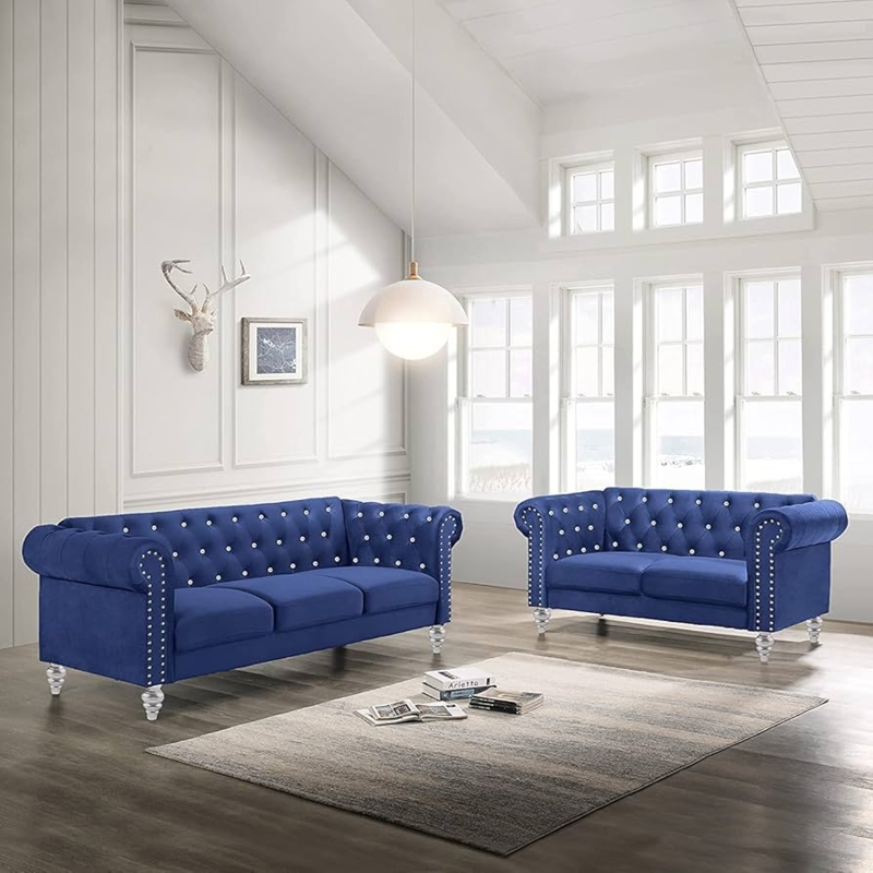 Royal Blue Velvet Living Room Set with Crystal Tufting
