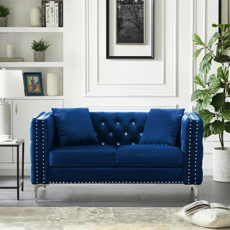 Royal Blue Velvet Loveseat with Jeweled Buttons and Silver Legs