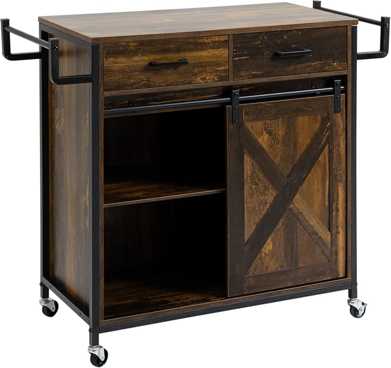 Rustic Barn Door Kitchen Cart with Industrial Bin Pull Hardware