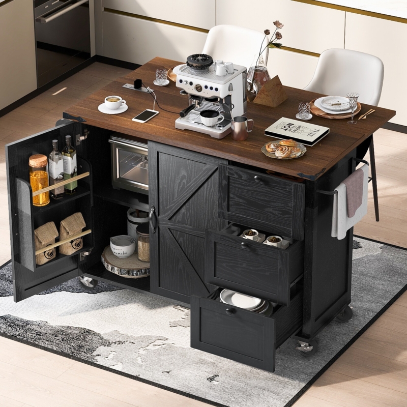 Rustic Black Mobile Kitchen Cart, Drop Leaf, Spice Rack Storage.