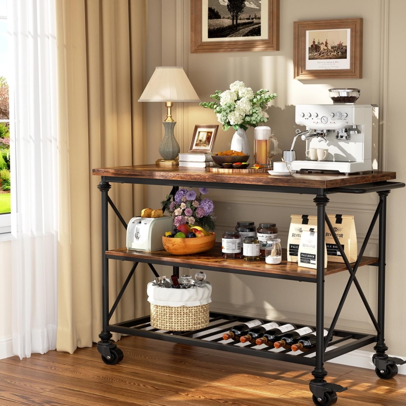 Rustic Brown 3-Tier Rolling Cart with Wire Middle Shelf feature