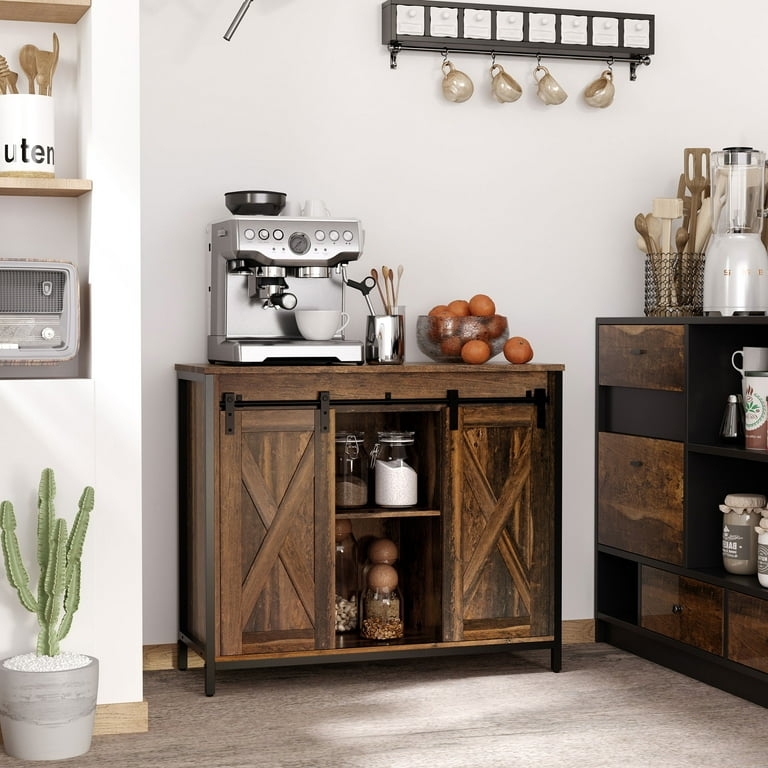 Rustic Brown Sideboard featuring Exposed Metal Track and Sliding Mesh Doors