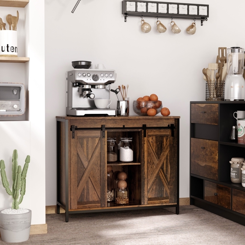 Rustic Brown Sideboard with Sliding Barn Door Track, Mesh Fronts