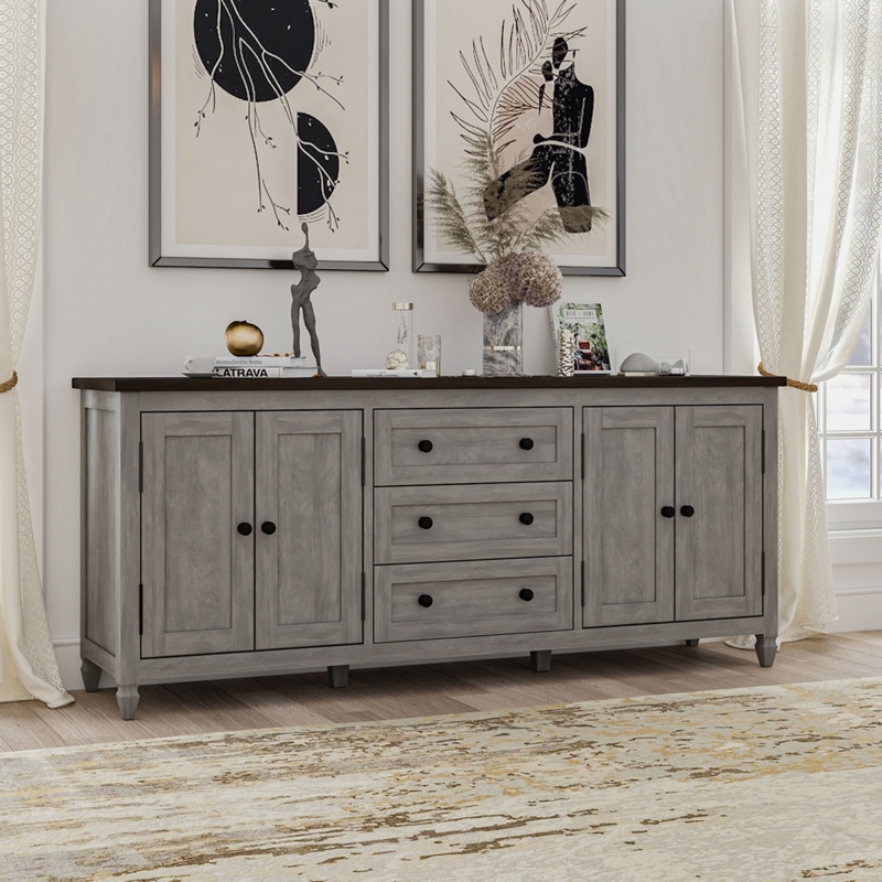 Rustic Buffet Cabinet with Distressed Grey Body and Natural Wood Top