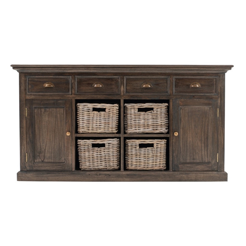 Rustic Buffet Sideboard with Woven Baskets and Cup Pulls