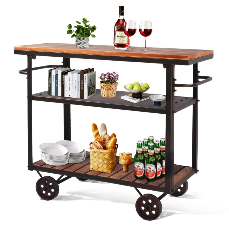 Rustic Copper Serving Cart With Removable Top Tray And Casters