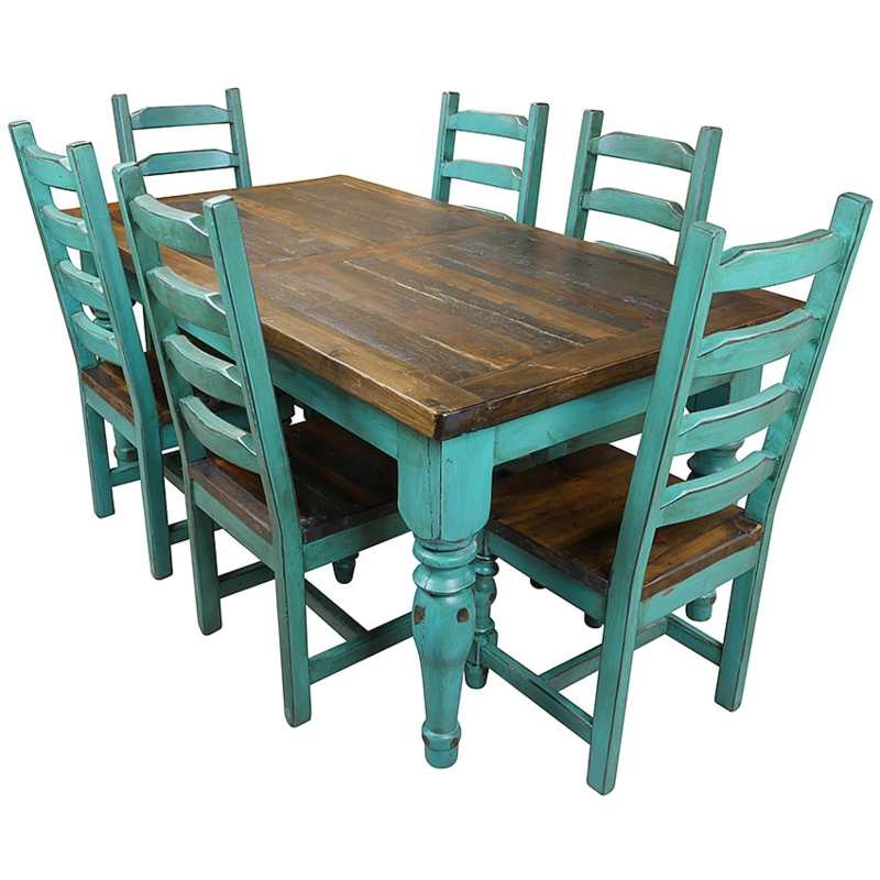 Rustic Dining Set, 7-Piece Distressed Turquoise Ladder-Back Chairs