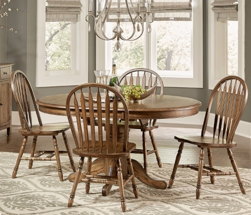 Rustic Dining Set, Distressed White Pedestal, Dark Wood Round Table