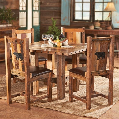 Rustic Dining Set: Log Base Trestle Table & Curved Slat Back Chairs.