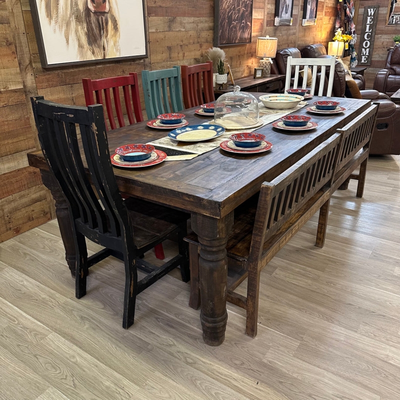Rustic Dining Set Multicolored Plank Top Distressed Slat Back Chairs