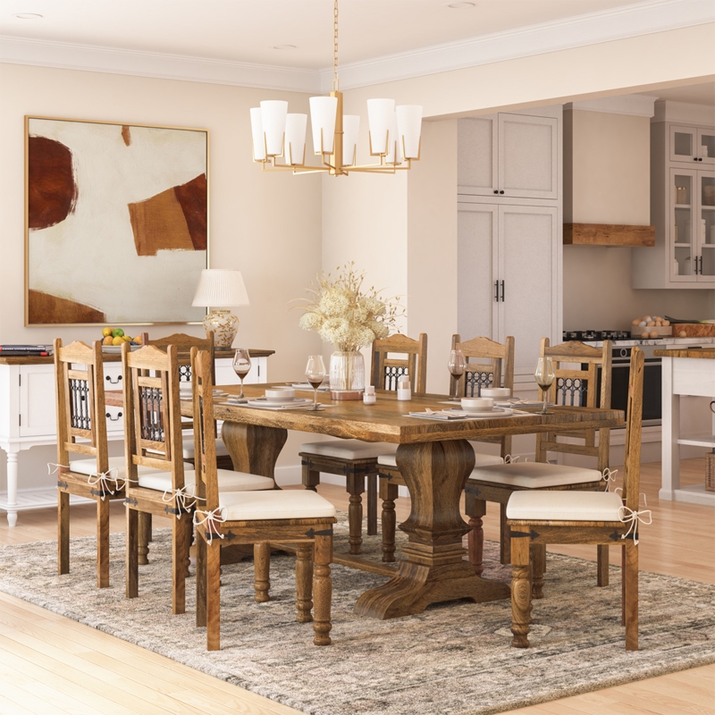 Rustic Dining Table Set Heavy Trestle Base Slat Back Chairs