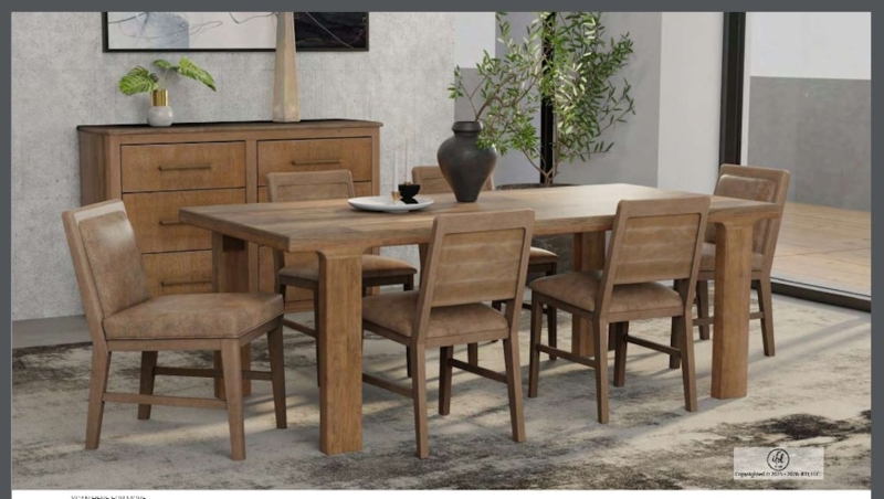 Rustic Farmhouse Dining Set, Block Legs, Upholstered Slatted Chairs
