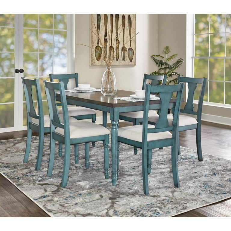 Rustic Farmhouse Dining Table, Burnished Smoke Top, Distressed Teal Base