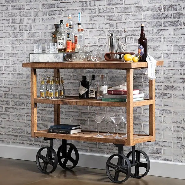 Rustic Farmhouse Kitchen Cart With Metal Mesh Sides, Locking Wheels