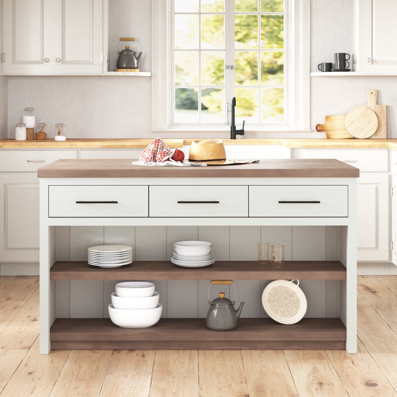 Rustic Farmhouse Kitchen Island, Medium Wood Tone, Slatted Lower Shelf.