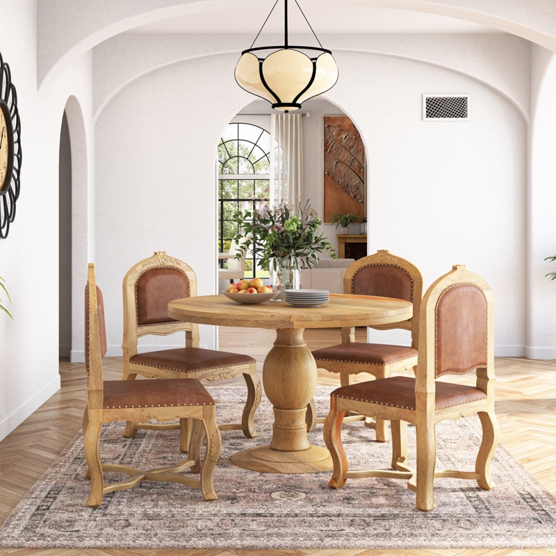 Rustic Farmhouse Round Dining Table, Chunky Pedestal, Organic Texture