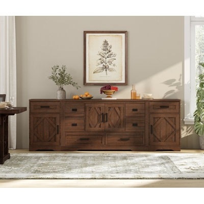 Rustic Farmhouse Sideboard with Sliding Barn Doors & Eight Drawers
