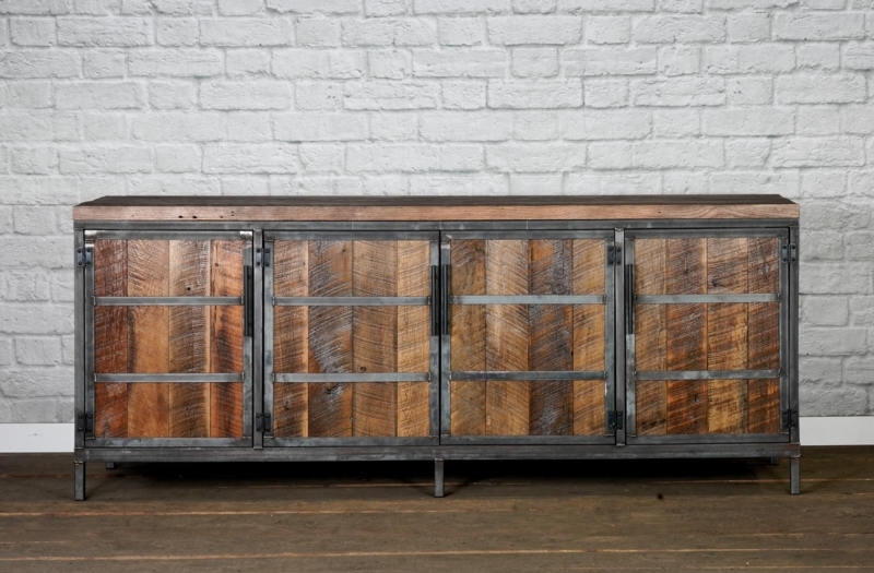 Rustic Four-Door Credenza with Reclaimed Wood Look and Metal Hinges