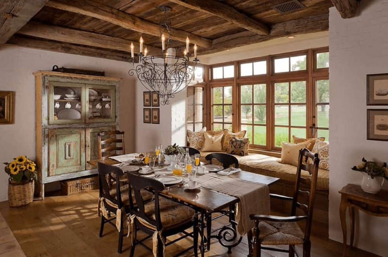 Rustic French Country Dining Set with Turned Legs & Woven Bench