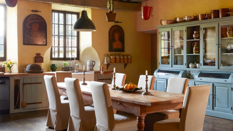 Rustic French Country Kitchen Island with Copper Pot Display