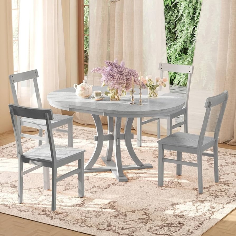Rustic Gray Wood Round Dining Set with Cross Back Chairs
