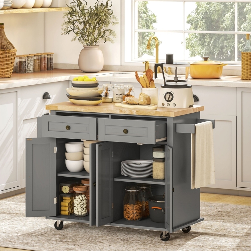 Rustic Grey Kitchen Cart with Wheels, Spice Rack & Wood Top