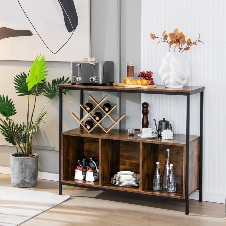 Rustic Industrial Buffet with Open Central Compartments, Distressed Wood