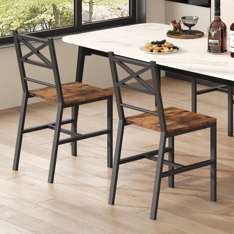 Rustic Industrial Dining Chair Set Curved Wooden Backrest