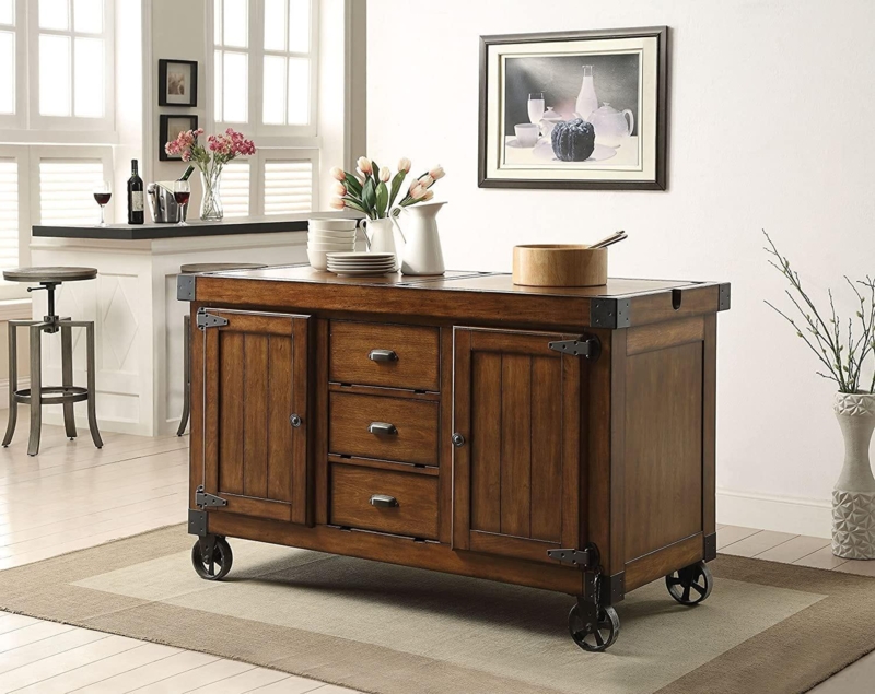 Rustic Kitchen Island Cart with Tobacco Finish and Oversized Casters