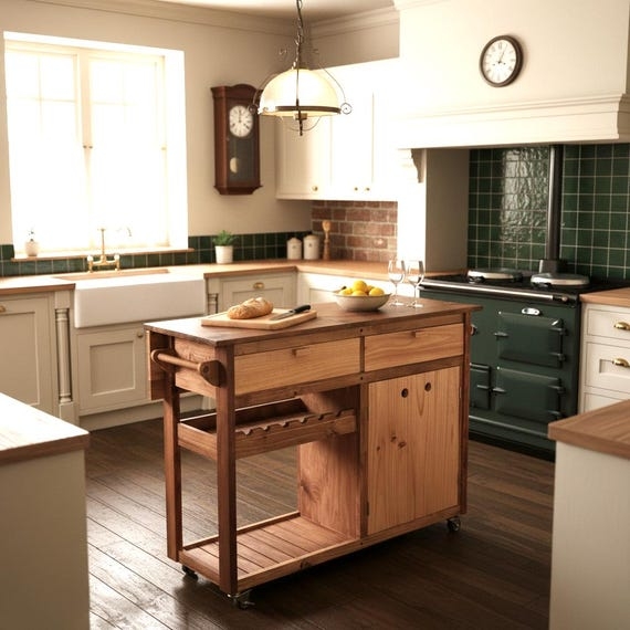 Rustic Kitchen Island with Double Drawers and Slatted Shelves