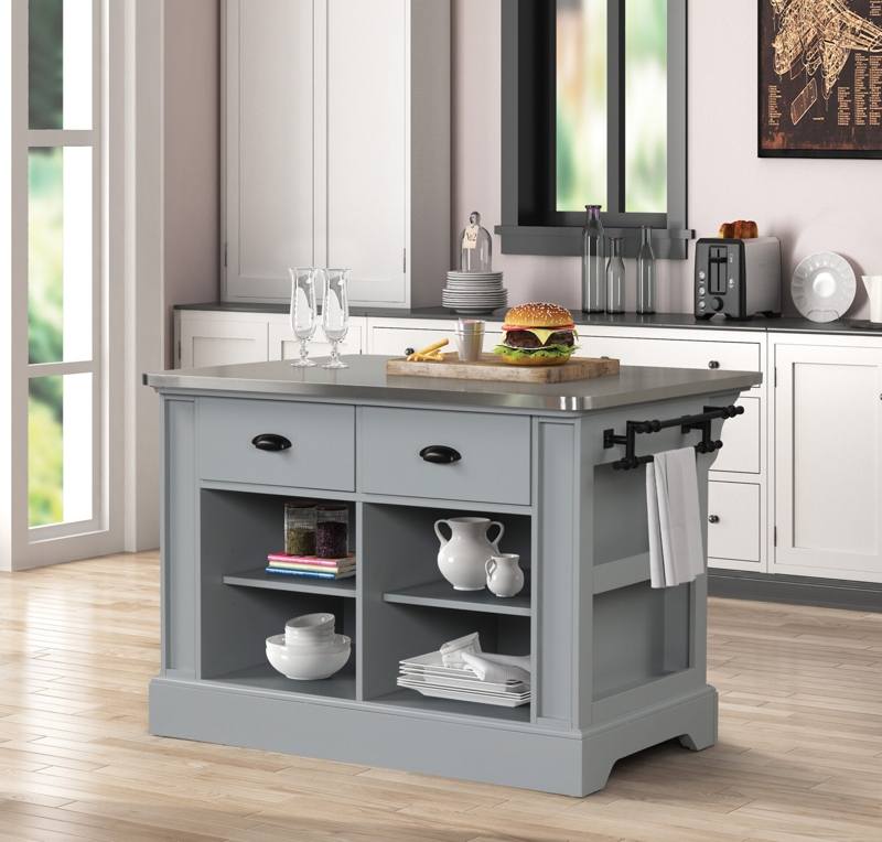 Rustic Kitchen Island with Weathered Gray Finish and Extendable Top