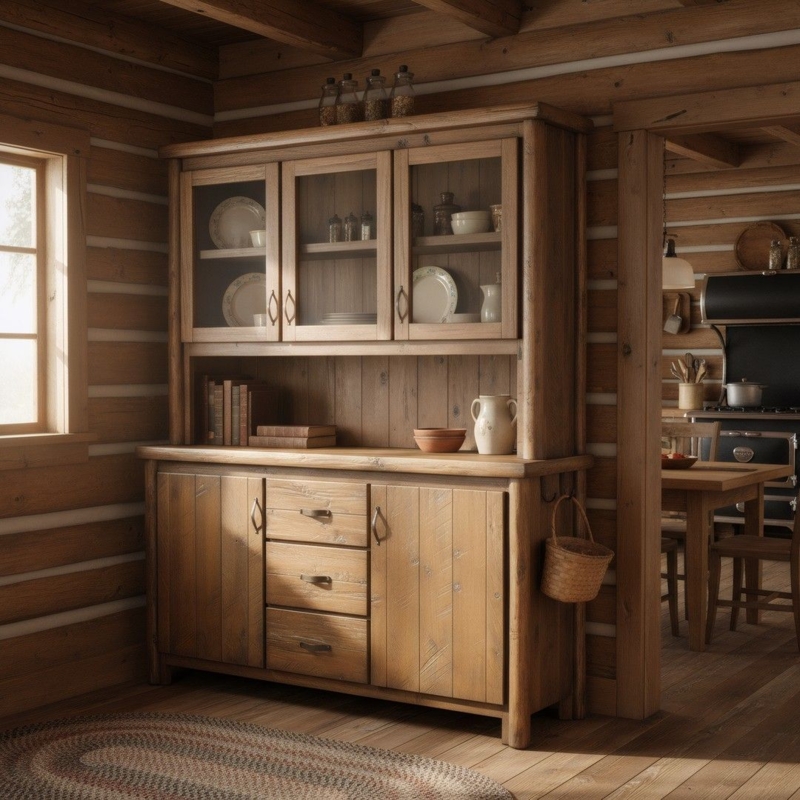 Rustic Log Buffet And Hutch with Glass Doors for Cabin Dining Storage
