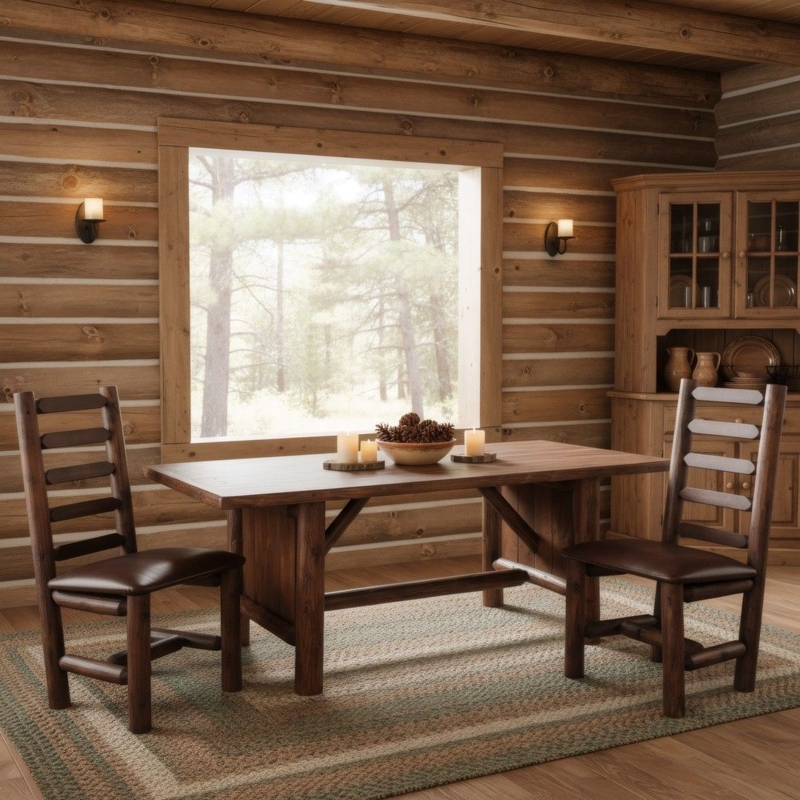 Rustic Log Dining Table with Thick Plank Top and Log Base