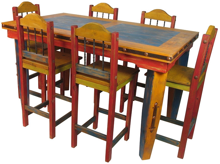 Rustic Mexican Country Dining Set with Multi-Color Counter Height Table
