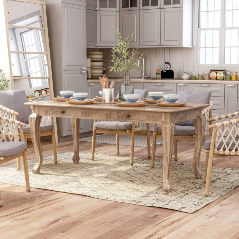 Rustic Natural Wood Dining Table with Integrated Storage Drawers