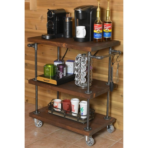 Rustic Rolling Kitchen Cart, Industrial X-Frame Brace, Two Tiers
