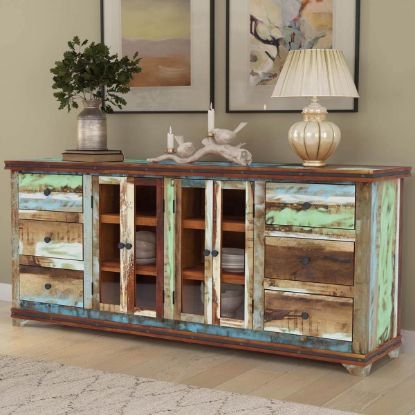 Rustic Sideboard Arched Base Multi-Tonal Wood Six Drawer Storage